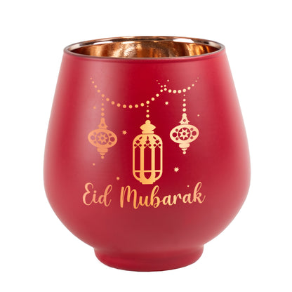 Teelichthalter Eid Mubarak aus Glas in Rot freigestellt