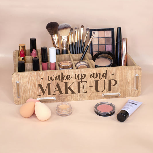 Make-up Organizer in Eiche-Optik mit 16 Fächern, Kosmetikpinseln, Lippenstiften und Lidschattenpalette