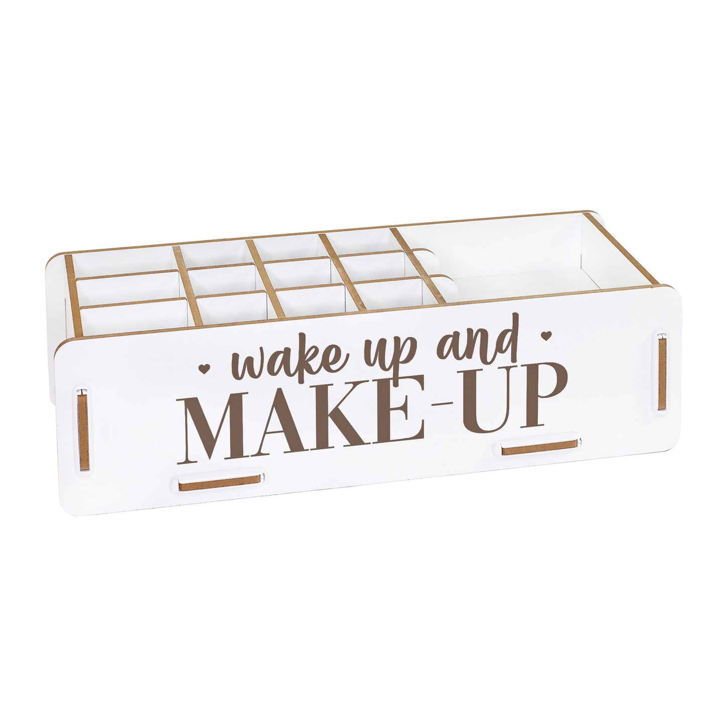 Freigestellter weißer Kosmetik Organizer aus Holz mit 16 Fächern und wake up and MAKE-UP Gravur