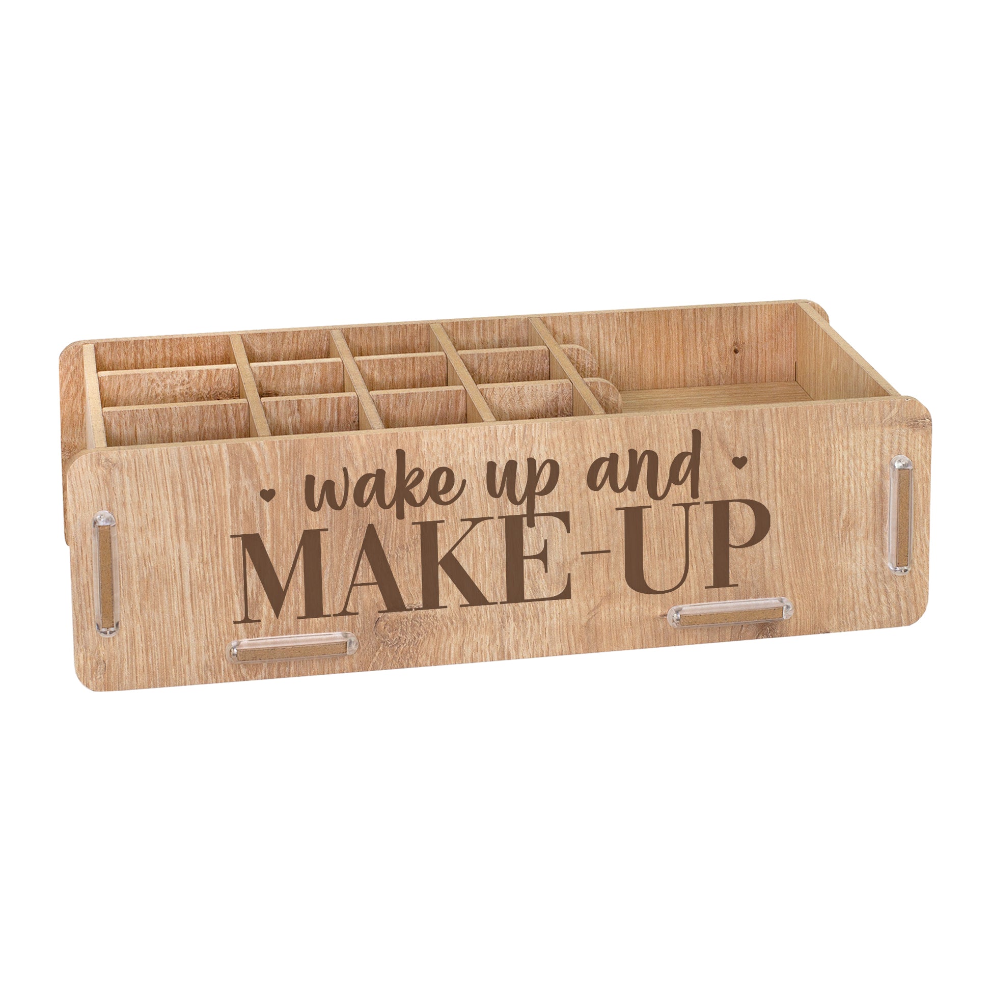 Freigestellter Make-up Organizer in Eiche-Optik mit Schriftzug wake up and MAKE-UP und vielen Fächern