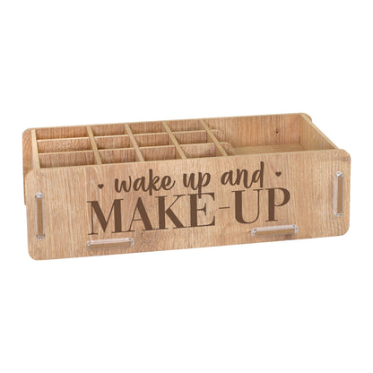 Freigestellter Make-up Organizer in Eiche-Optik mit Schriftzug wake up and MAKE-UP und vielen Fächern