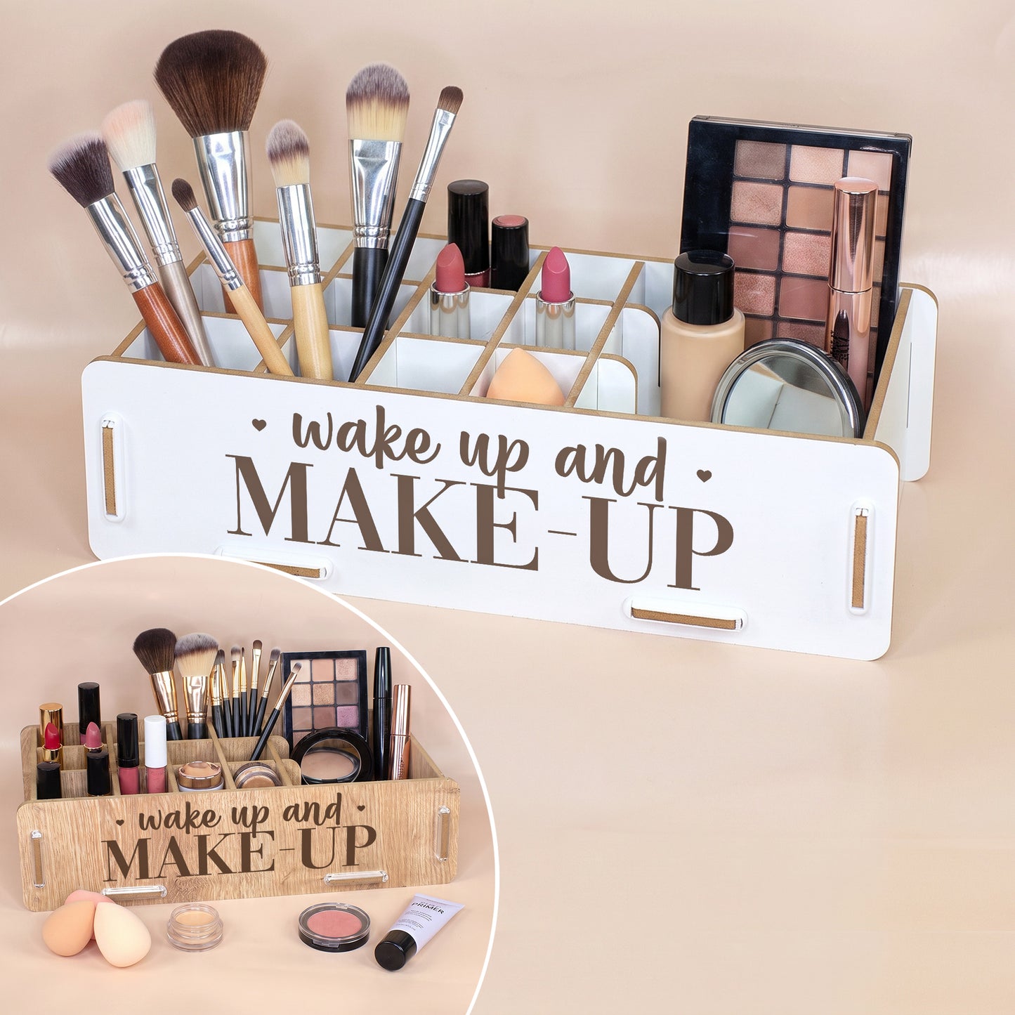 Make-up Organizer in Weiß mit Kosmetik und zusätzlicher Ansicht der Eiche-Optik als Farbvariante