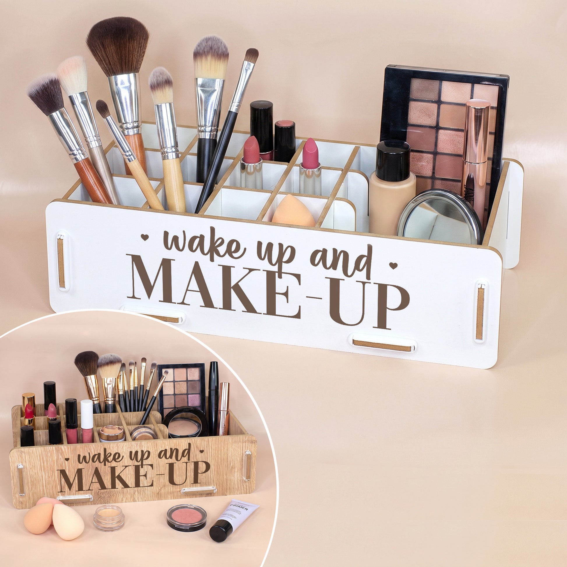 Make-up Organizer in Weiß mit Kosmetik und zusätzlicher Ansicht der Eiche-Optik als Farbvariante