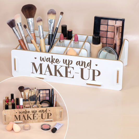 Make-up Organizer in Weiß mit Kosmetik und zusätzlicher Ansicht der Eiche-Optik als Farbvariante