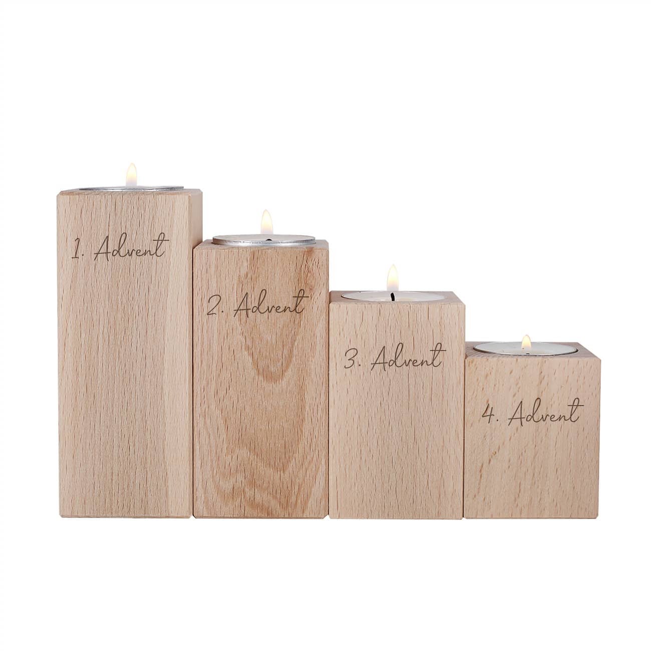 Holz-Adventskranz aus vier Teelichthaltern mit Gravur