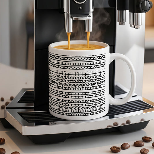 Kaffeetasse mit versteckter Botschaft „Bevor du fragst: Nein!“ unter einem Kaffeevollautomaten