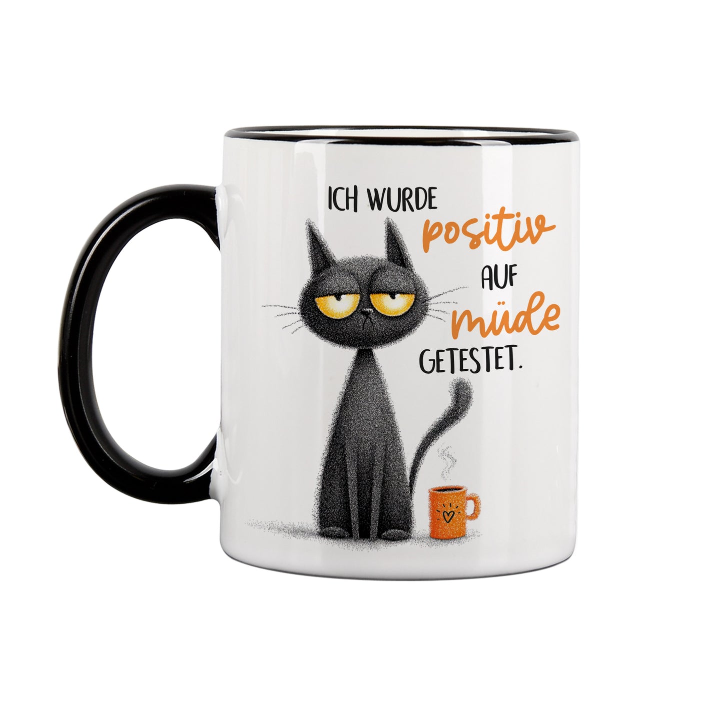 Weiße Keramiktasse mit schwarzem Rand und lustigem Katzen-Spruch freigestellt