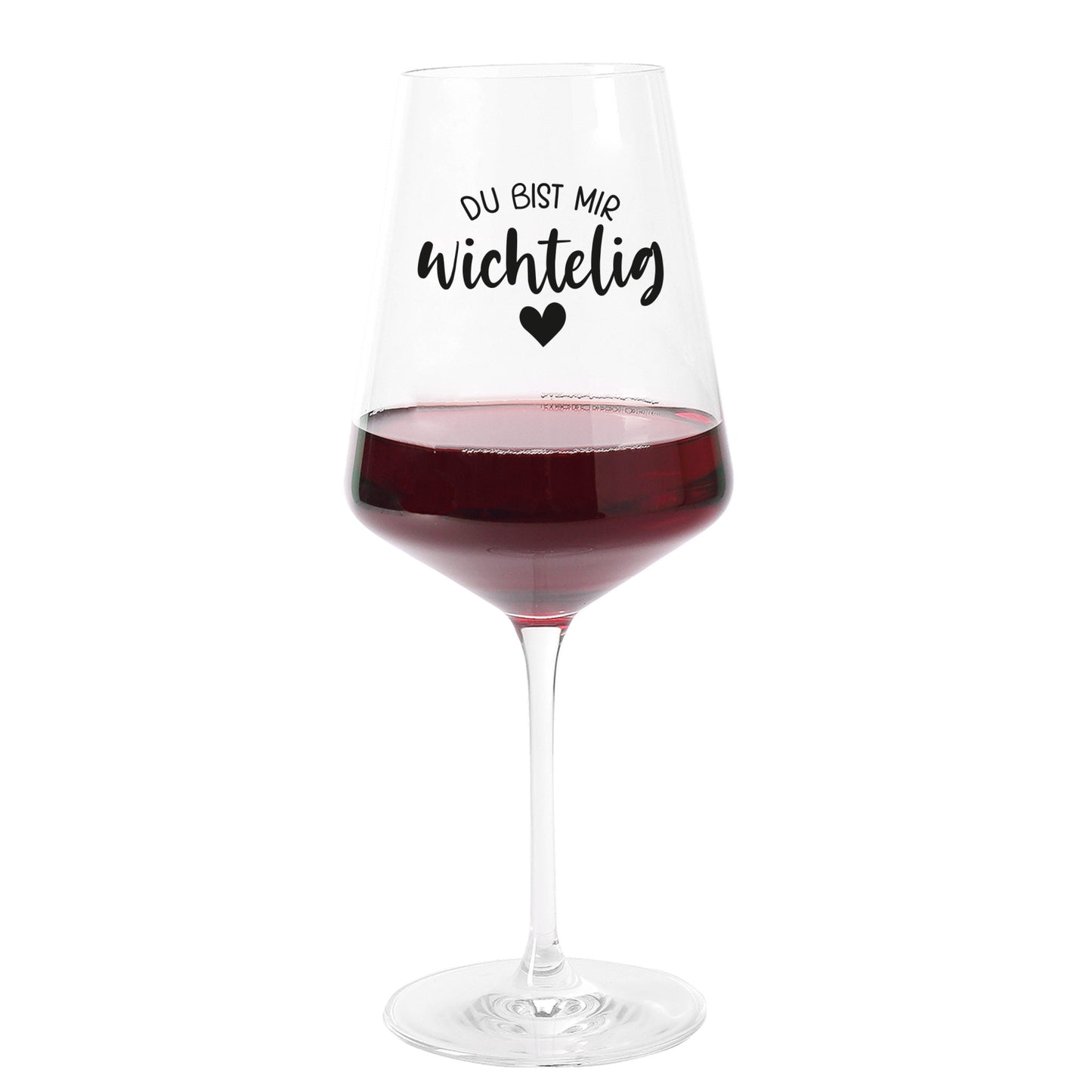 Freisteller des Leonardo Weinglases mit „Du bist mir wichtelig“ und Herzmotiv, gefüllt mit Rotwein