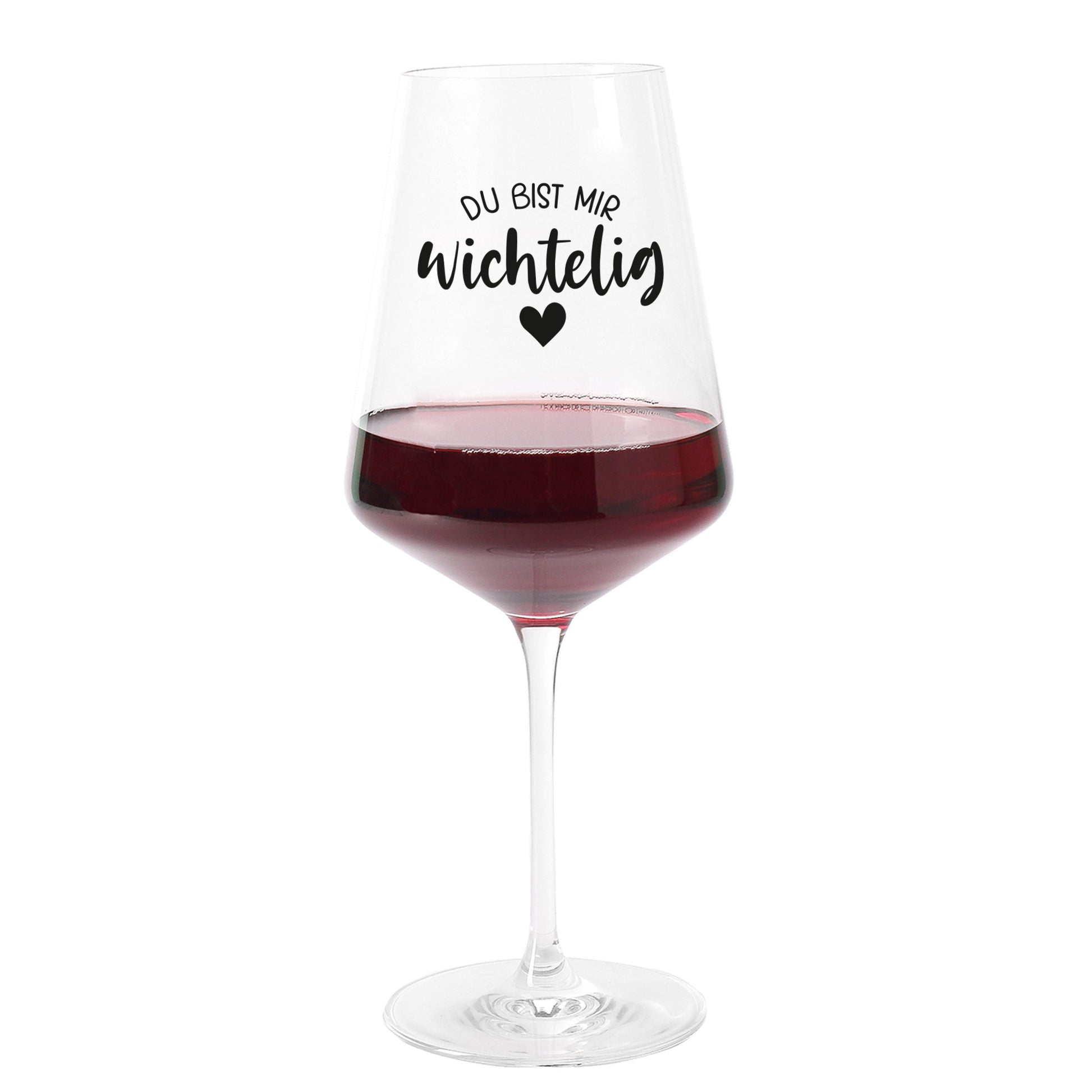 Freisteller des Leonardo Weinglases mit „Du bist mir wichtelig“ und Herzmotiv, gefüllt mit Rotwein