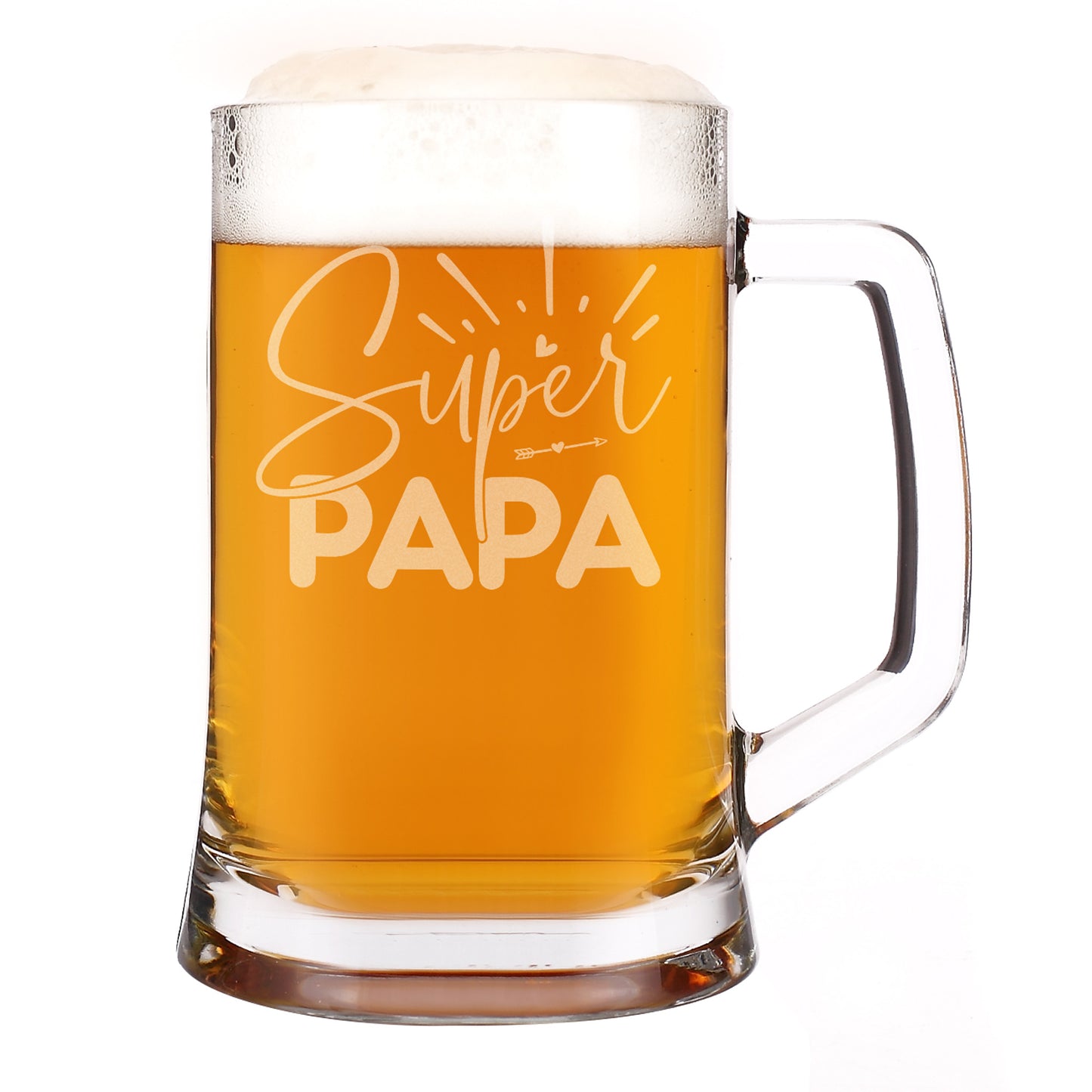 Bierglas Super Papa Motiv mit Griff auf weißem HIntergrund