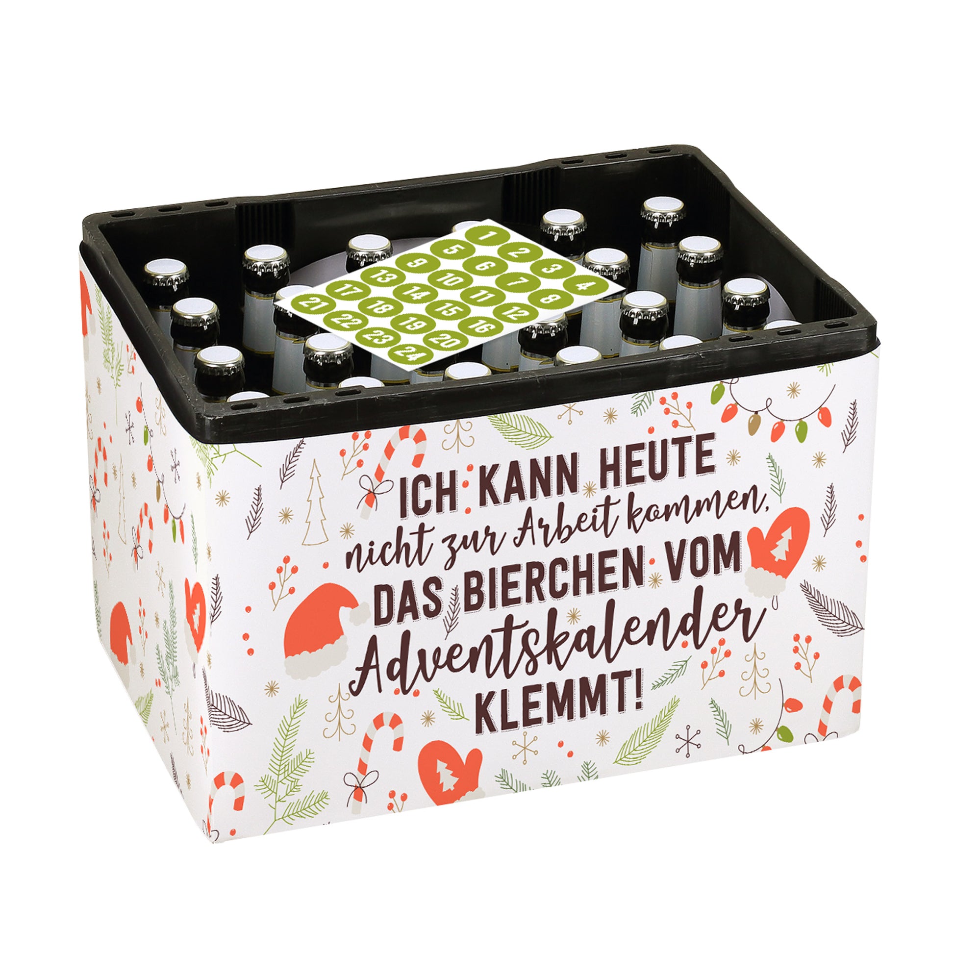Bierkasten mit aufgezogener Adventskalender-Banderole und Aufkleberbogen auf den Flaschen, freigestelltes Produktfoto