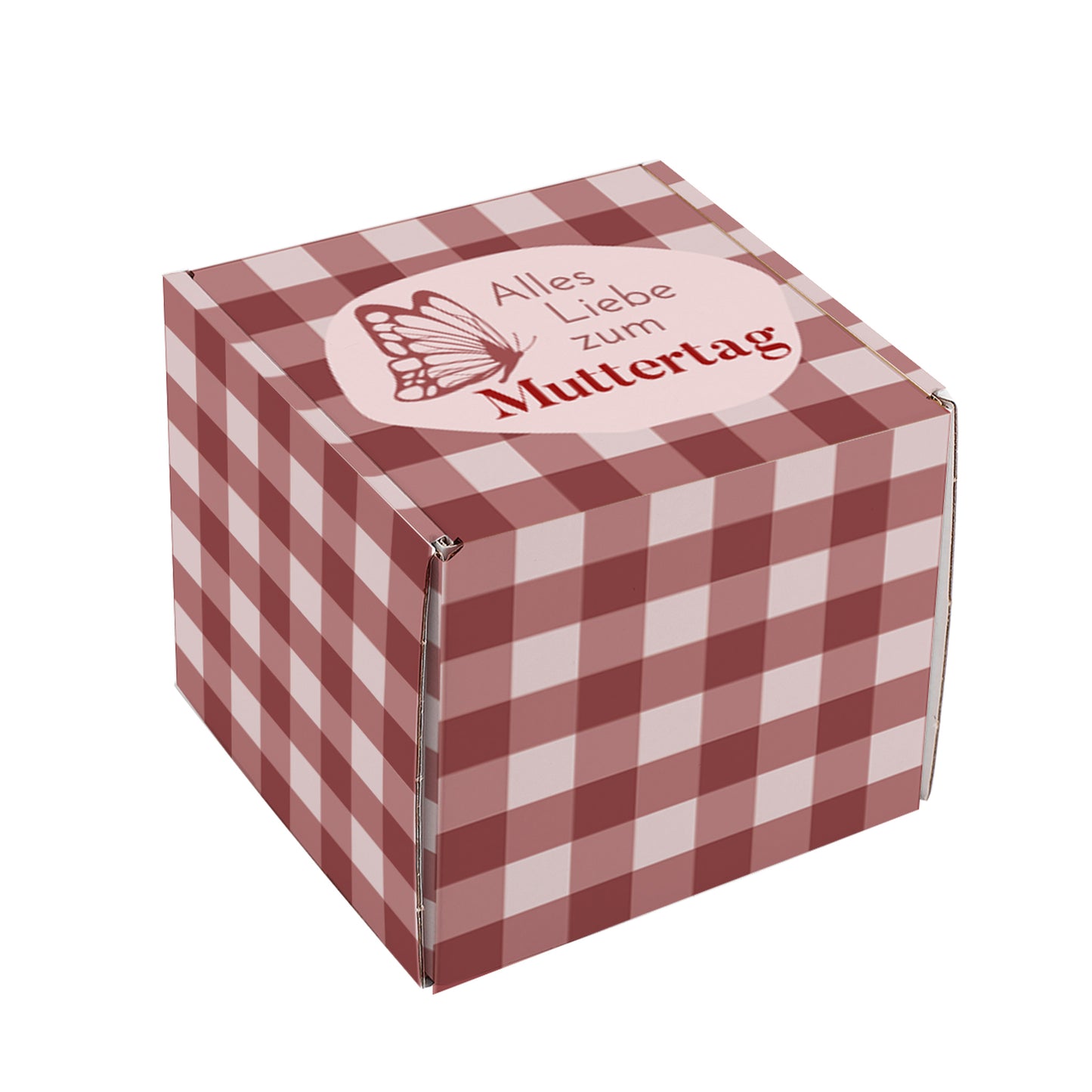 Freigestellte Geschenkverpackung zum Muttertag mit rosa Karomuster und Schmetterlingsmotiv