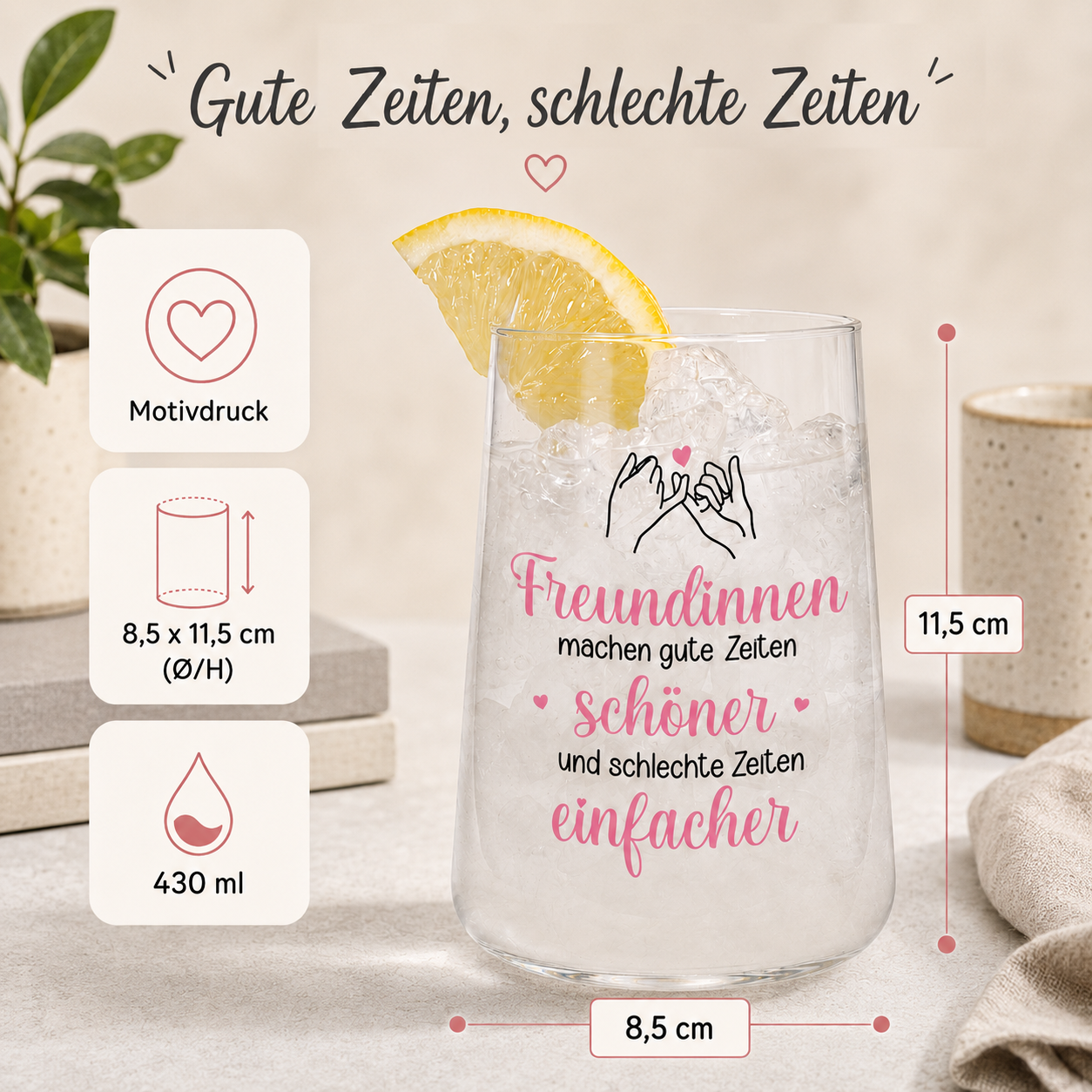 Produktinfografik zum Trinkglas mit Motivdruck, 430 ml Fassungsvolumen und Maßen 8,5 x 11,5 cm
