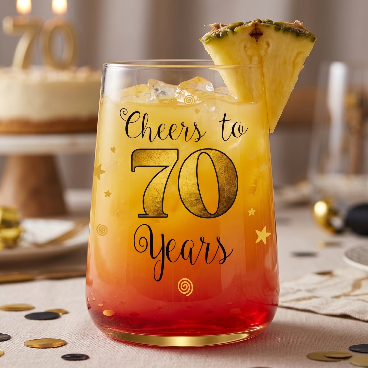 Cocktailglas zum 70. Geburtstag mit Ananas-Dekoration und festlichem Aufdruck