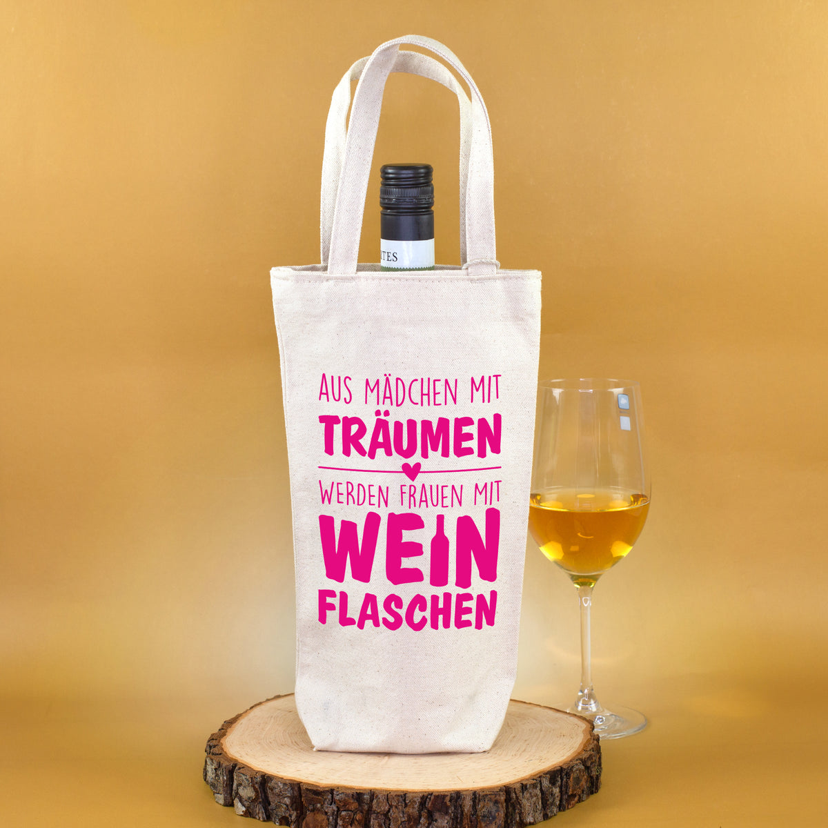 Flaschentasche mit pinkem Frauen Spruch als witzige Geschenkverpackung für Wein und Sekt