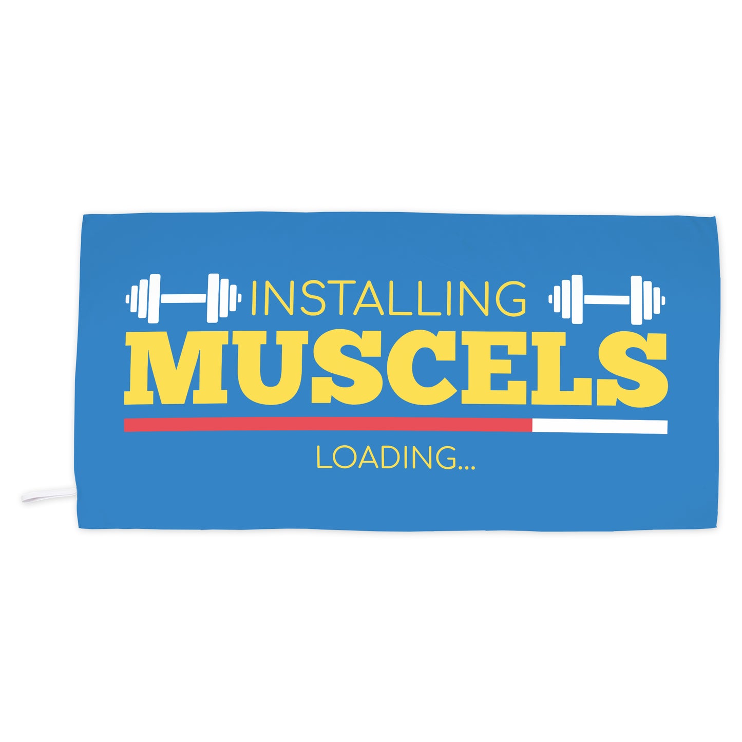 Freigestelltes Sporthandtuch mit Bodybuilding Aufdruck, Hanteln und Ladebalken