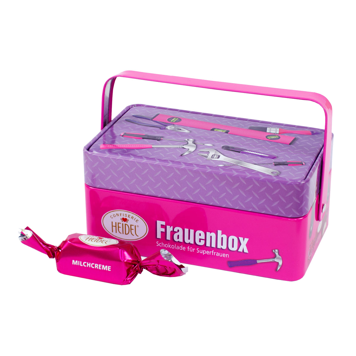 Frauenbox mit 86 g Vollmilchschokolade und Milchcremefüllung auf weißem Hintergrund