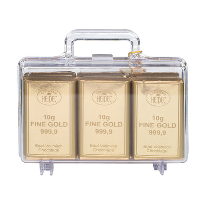 Großer transparenter Gold Koffer mit 120 g Schokolade frontal