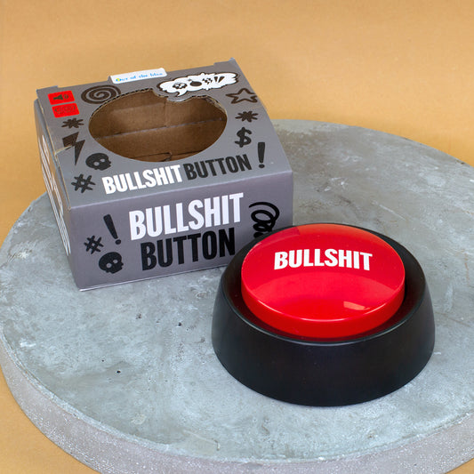 Bullshit Button mit 6 Sounds als Scherzartikel in Rot und Schwarz mit Verpackung