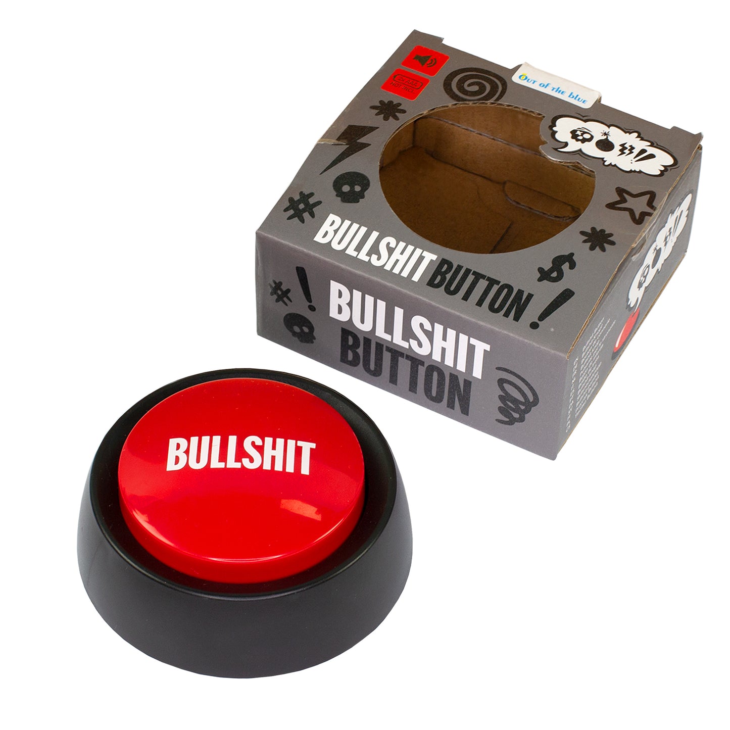Bullshit Button mit Verpackung freigestellt auf weißem Hintergrund