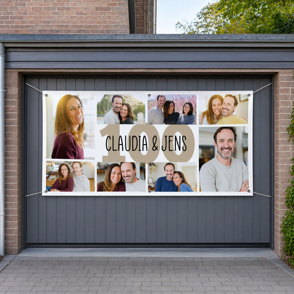 Banner mit Collage aus vielen Fotos an Garagentor