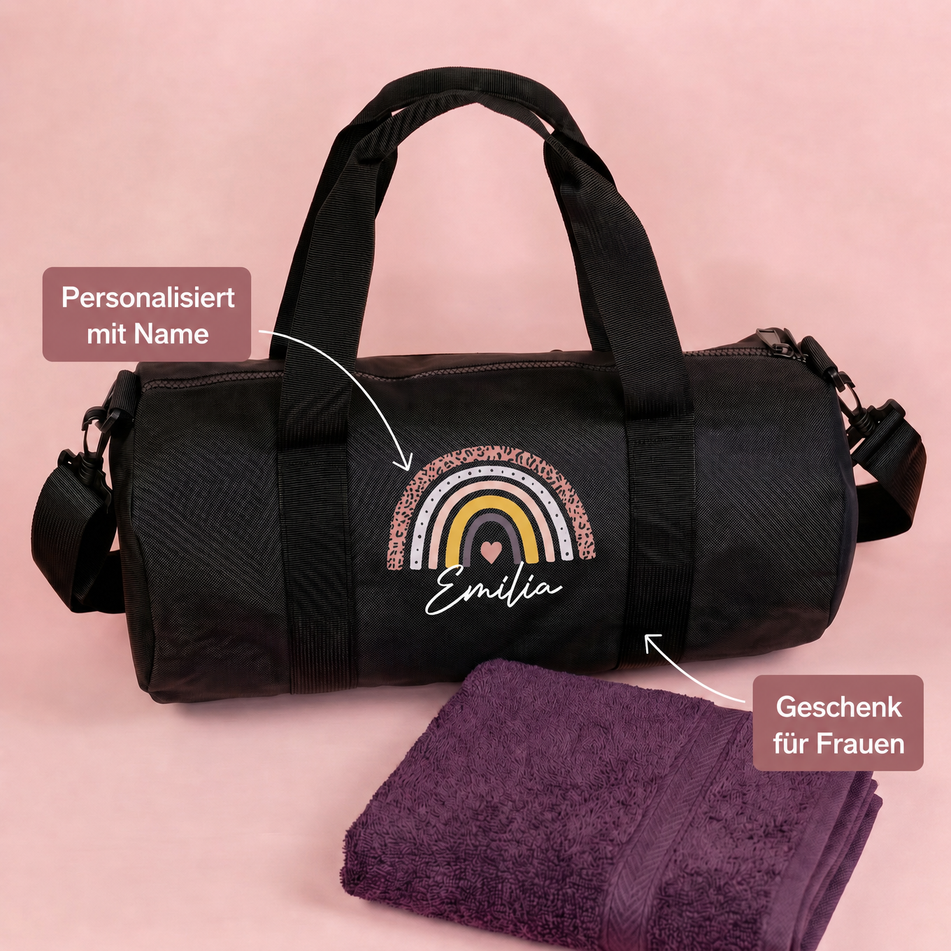 Schwarze Tasche mit Regenbogenmotiv  und Name mit Produktinformationen