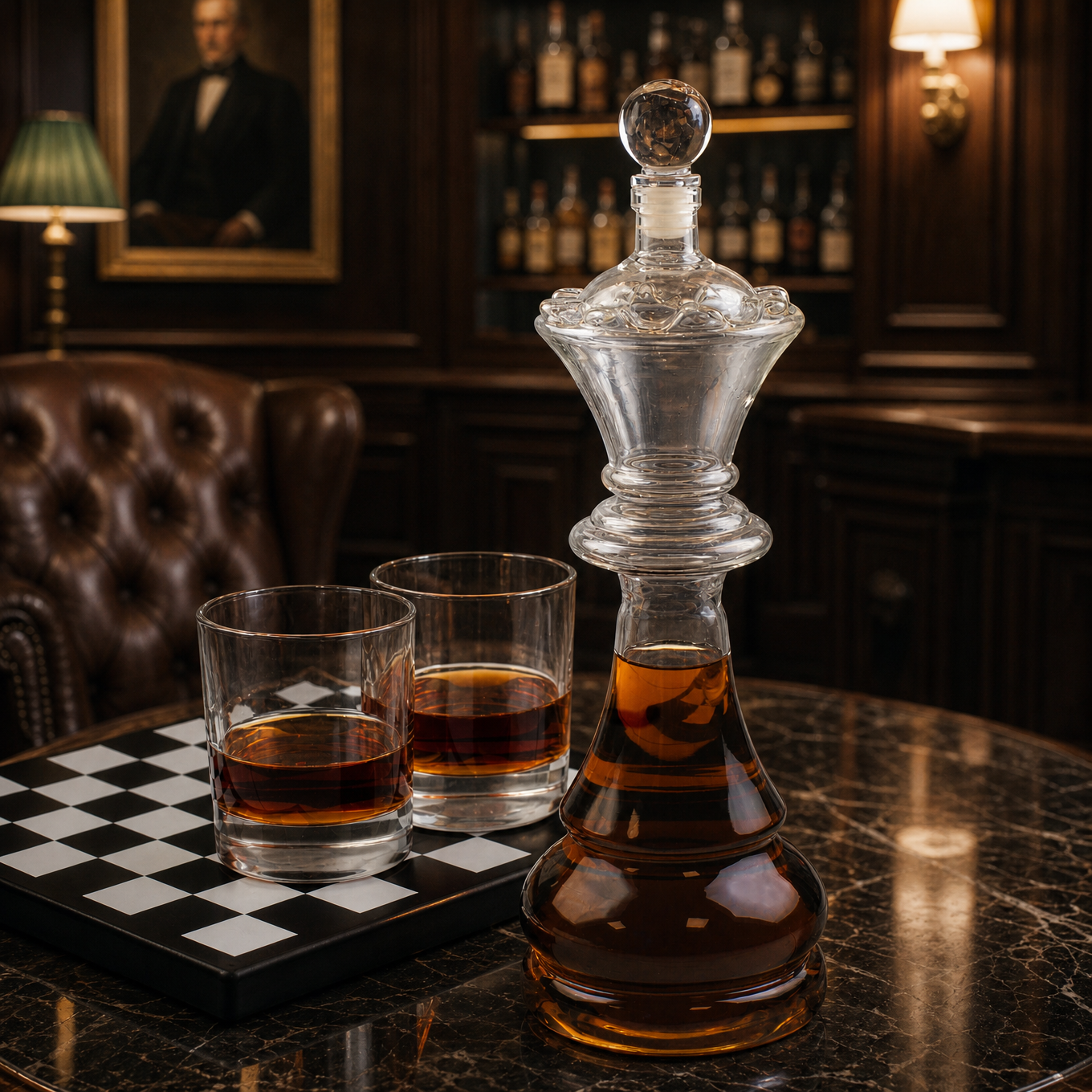 Dekanter Set mit Schachbrett-Sockel, König Karaffe und Whiskygläsern in edler Gentleman Bar