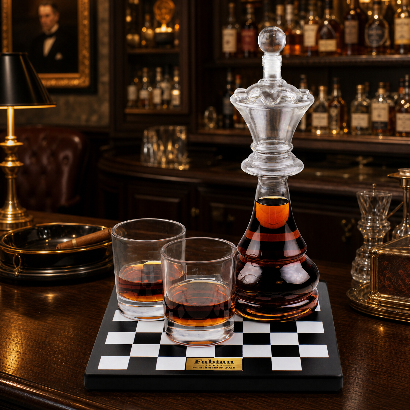 Schach Whisky Set mit Glasdekanter in König-Form, zwei Gläsern und personalisierter Plakette Fabian