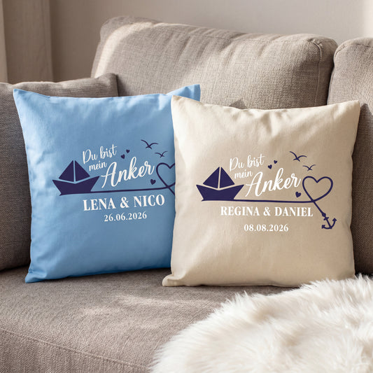 Personalisiertes Kissen Du bist mein Anker in Natur und Blau als Geschenk zur Hochzeit