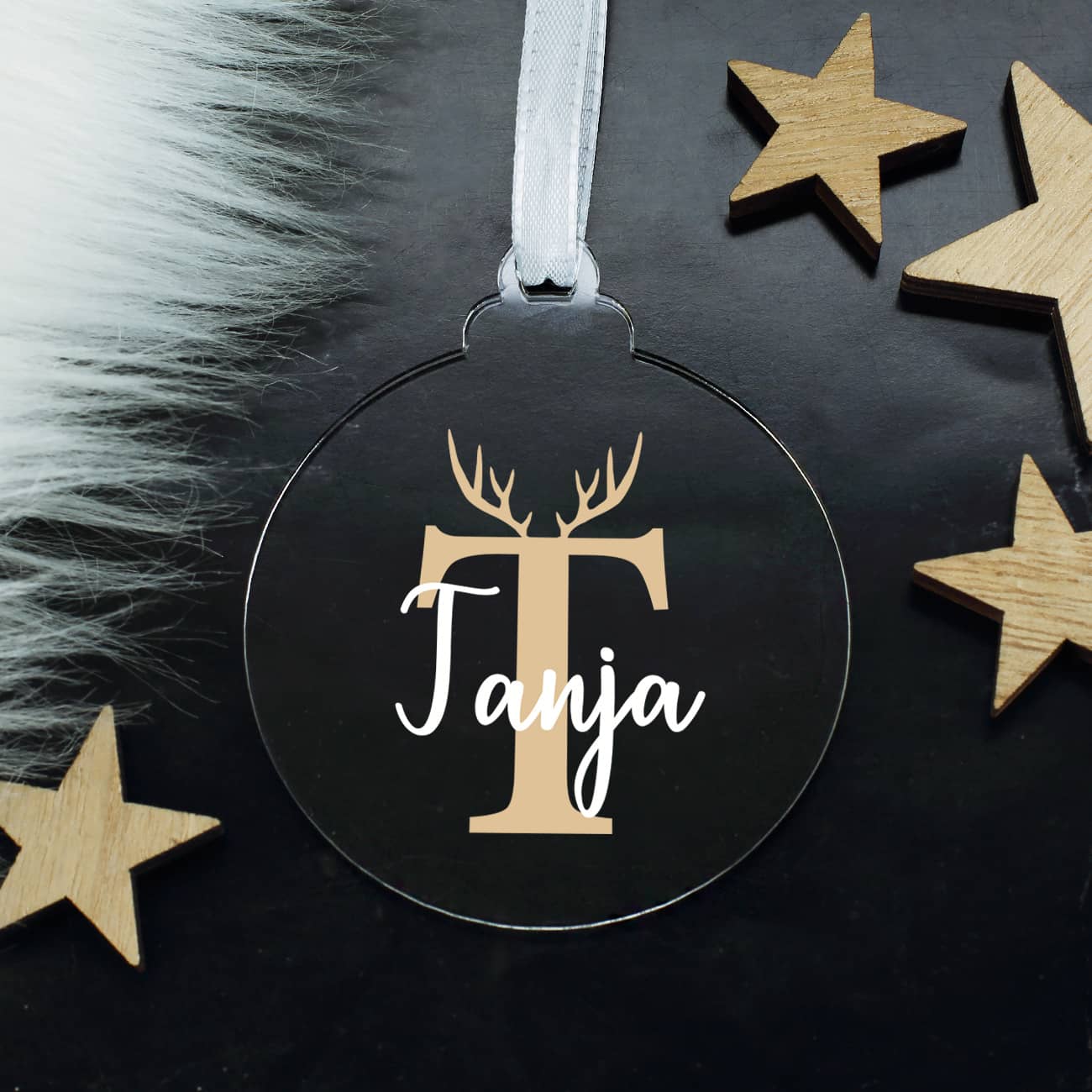 Christbaumkugel aus Acryl mit Name und Initial bedruckt