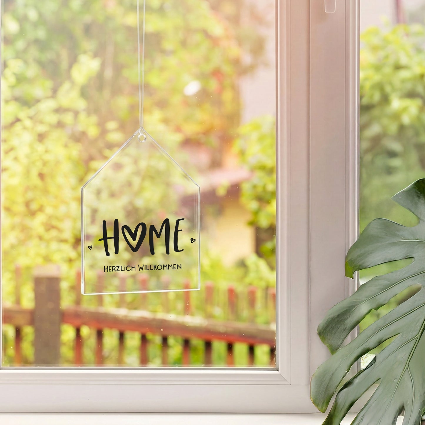 Deko-Anhänger aus Acryl mit HOME-Aufdruck und Text Herzlich Willkommen am Fenster als Wohndekoration