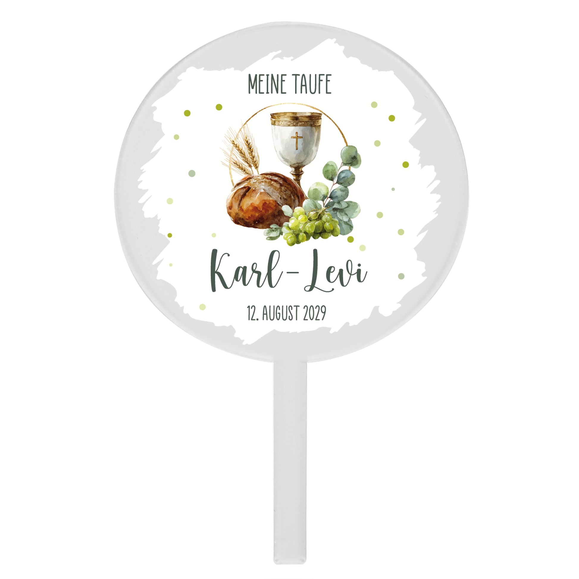 Personalisierter Acryl Tortentopper Taufe mit Kelch Brot Trauben Motiv und individuellem Namen