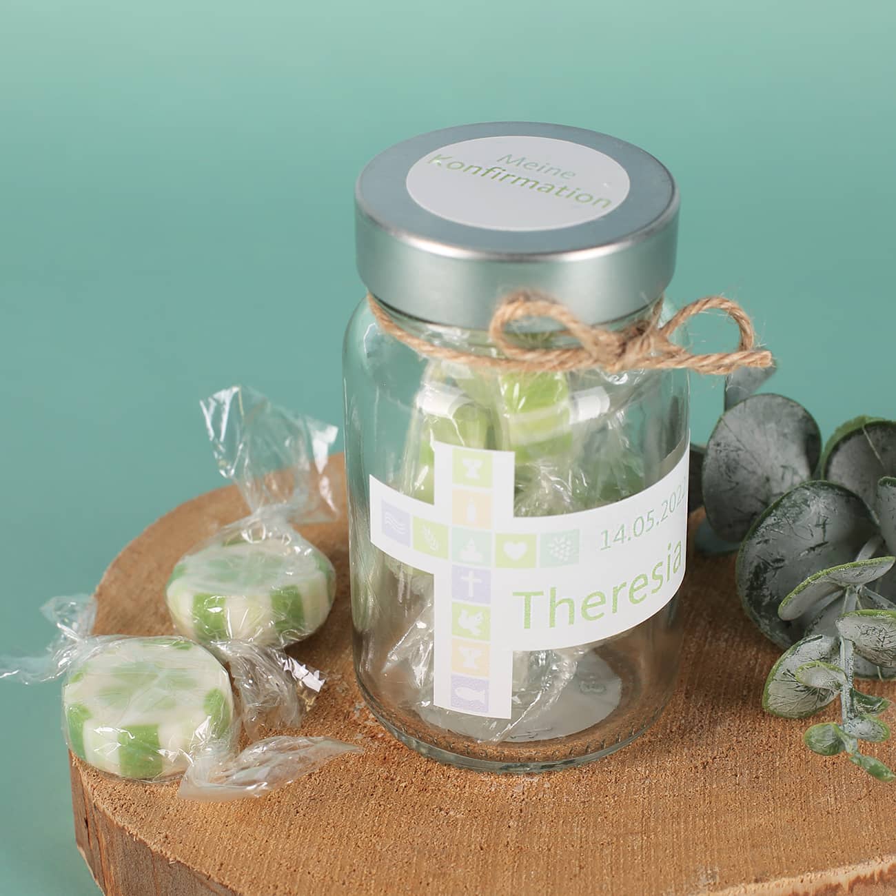 Kleeblatt Bonbons im Glas für Taufe, Kommunion, Firmung, Konfirmation Gäste