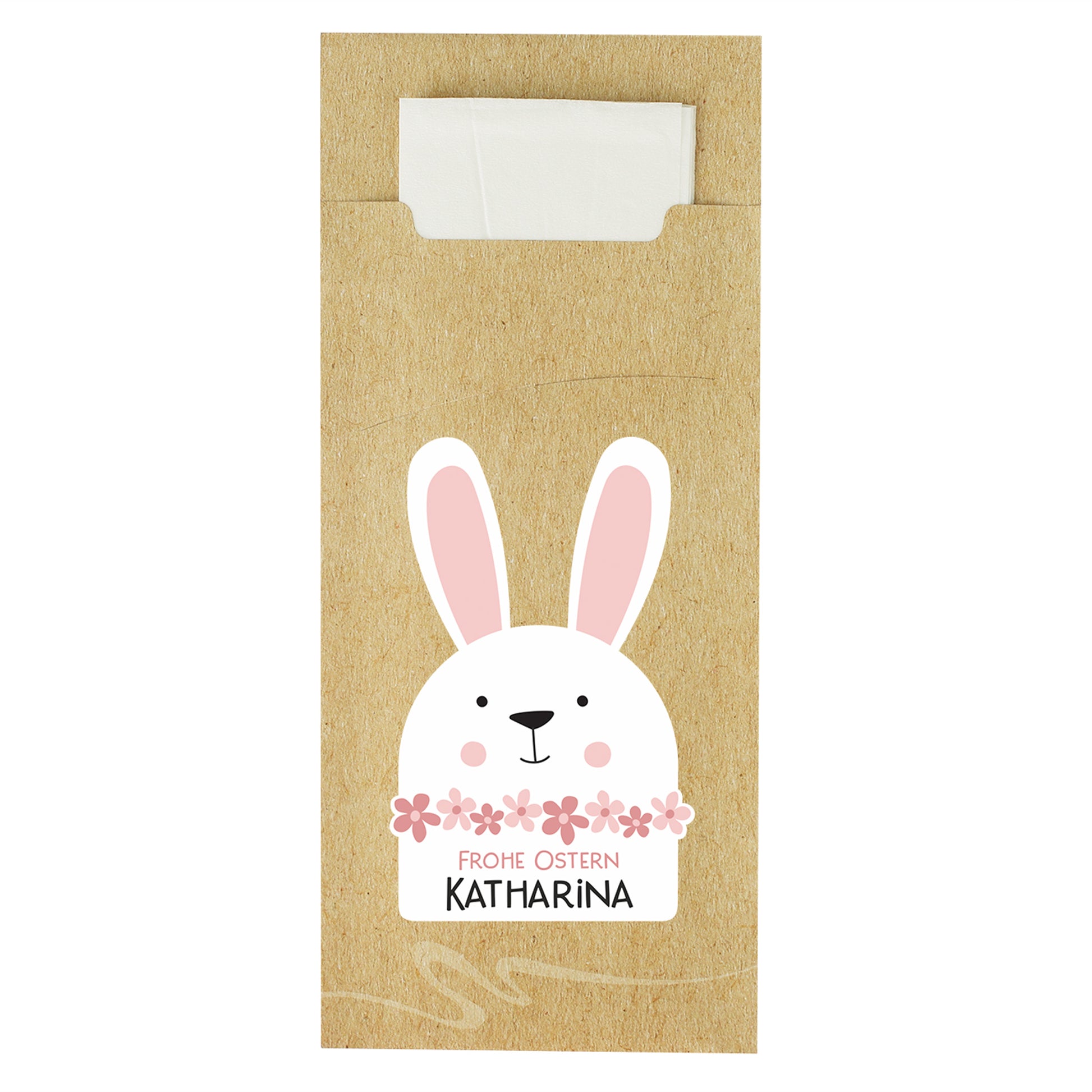 Bestecktasche zu Ostern mit Hasen Motiv und Name Katharina, Produktansicht freigestellt