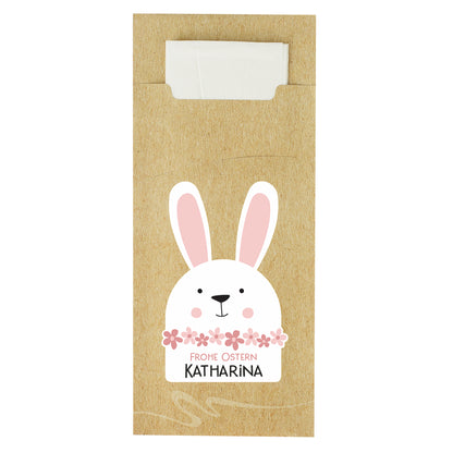 Bestecktasche zu Ostern mit Hasen Motiv und Name Katharina, Produktansicht freigestellt