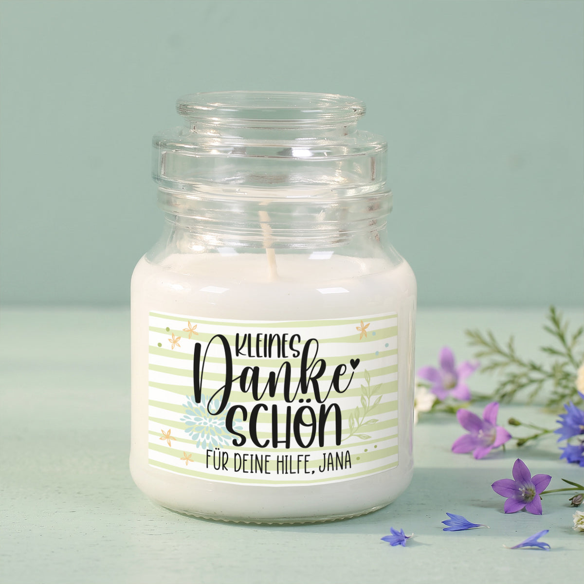 Duftkerze im Glas "Kleines Dankeschön"-Etikett mit Wunschtext