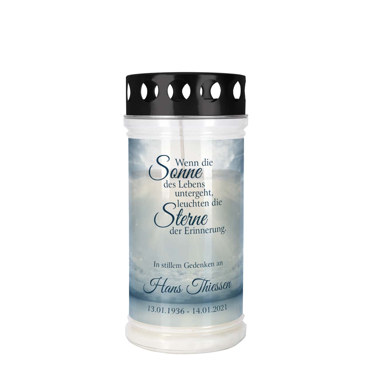 Bedrucktes Grablicht mit Druck von Himmel, Spruch und personalisiert mit Name und Datum