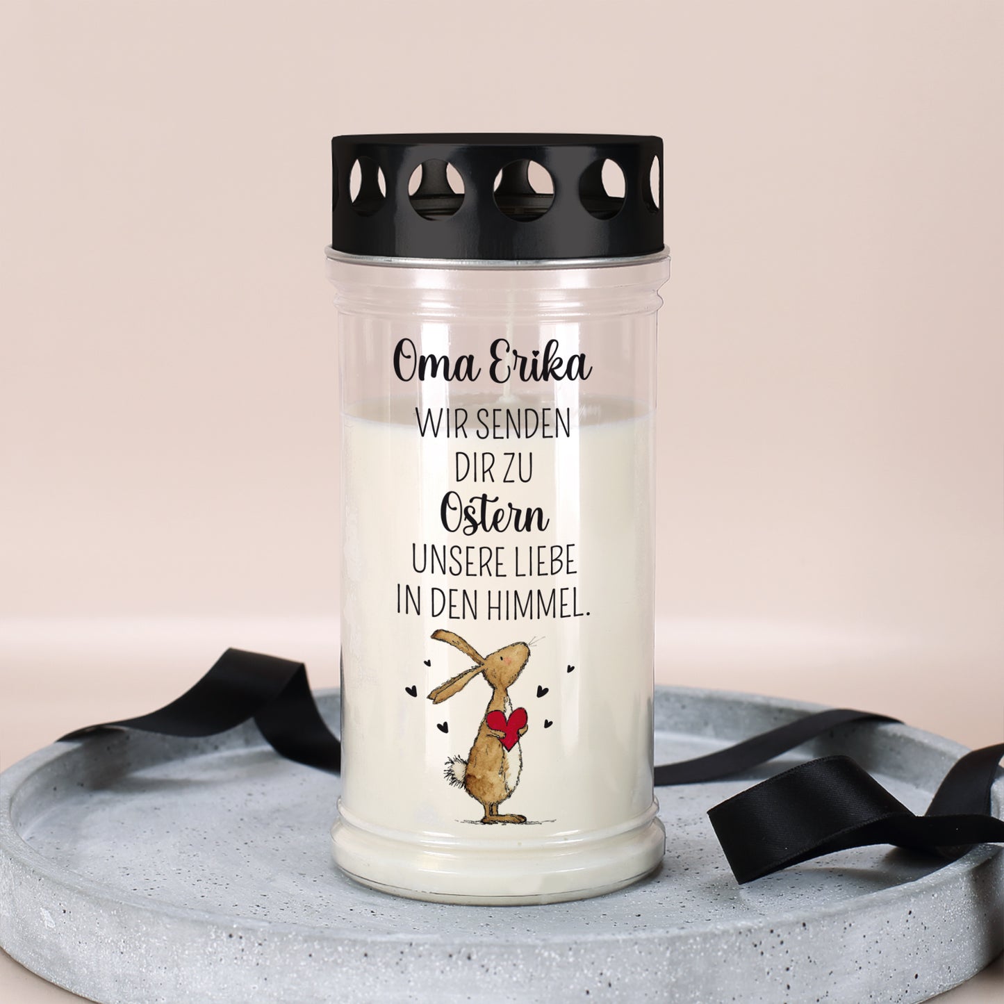 Personalisiertes Oster Grablicht mit Wunschtext und Spruch Wir senden dir unsere Liebe in den Himmel