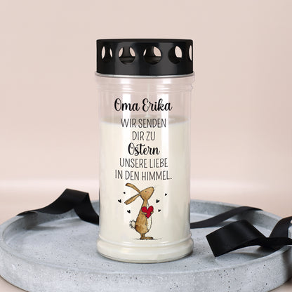 Personalisiertes Oster Grablicht mit Wunschtext und Spruch Wir senden dir unsere Liebe in den Himmel