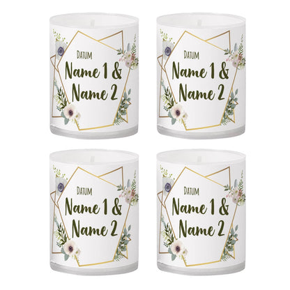 4 kleine Kerzen zur Hochzeit mit Blüten, Namen und Datum
