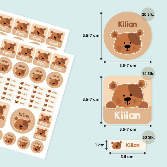 Namensaufkleber mit Bär Motiv und Name personalisiert | 84 Sticker für Kindergarten, Kita und Schule