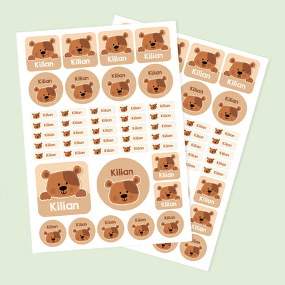 Namensaufkleber mit Bär Motiv und Name personalisiert | 84 Sticker für Kindergarten, Kita und Schule
