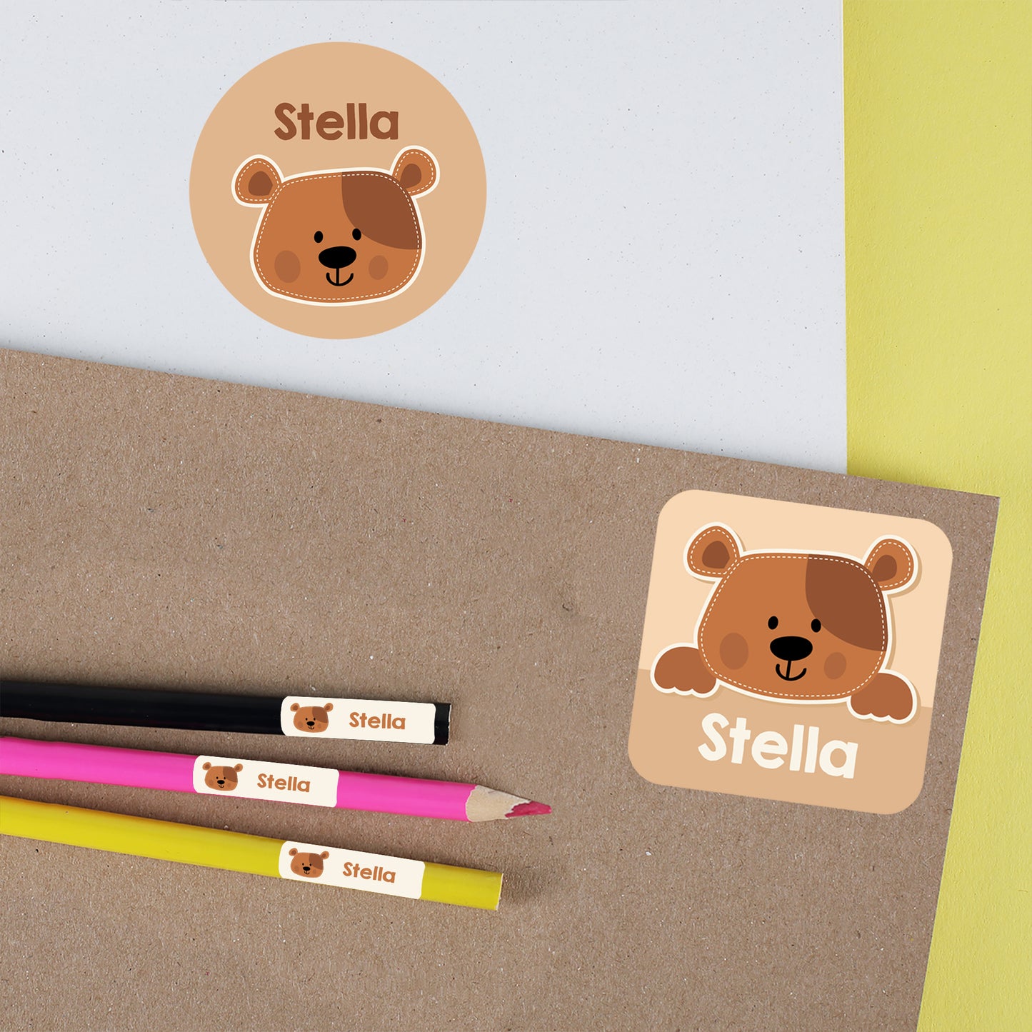 Namensaufkleber mit Bär Motiv und Name personalisiert | 84 Sticker für Kindergarten, Kita und Schule