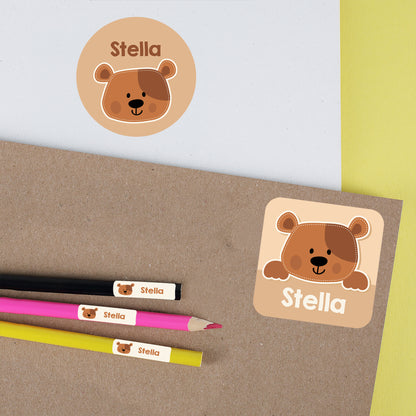 Namensaufkleber mit Bär Motiv und Name personalisiert | 84 Sticker für Kindergarten, Kita und Schule