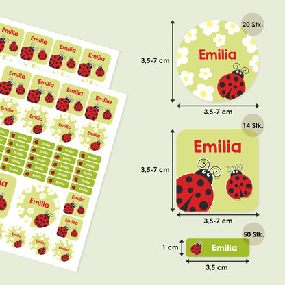 Übersicht der Marienkäfer Namensaufkleber mit Größenangaben und 84 Stickern auf 2 A4-Bögen
