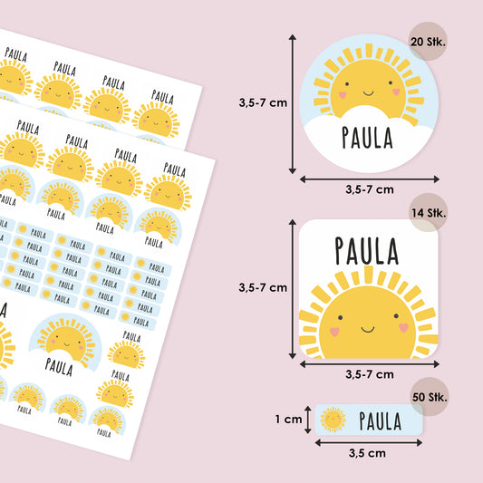 Namensaufkleber mit Sonne Motiv und Name personalisiert | 84 Sticker für Kindergarten, Kita & Schule