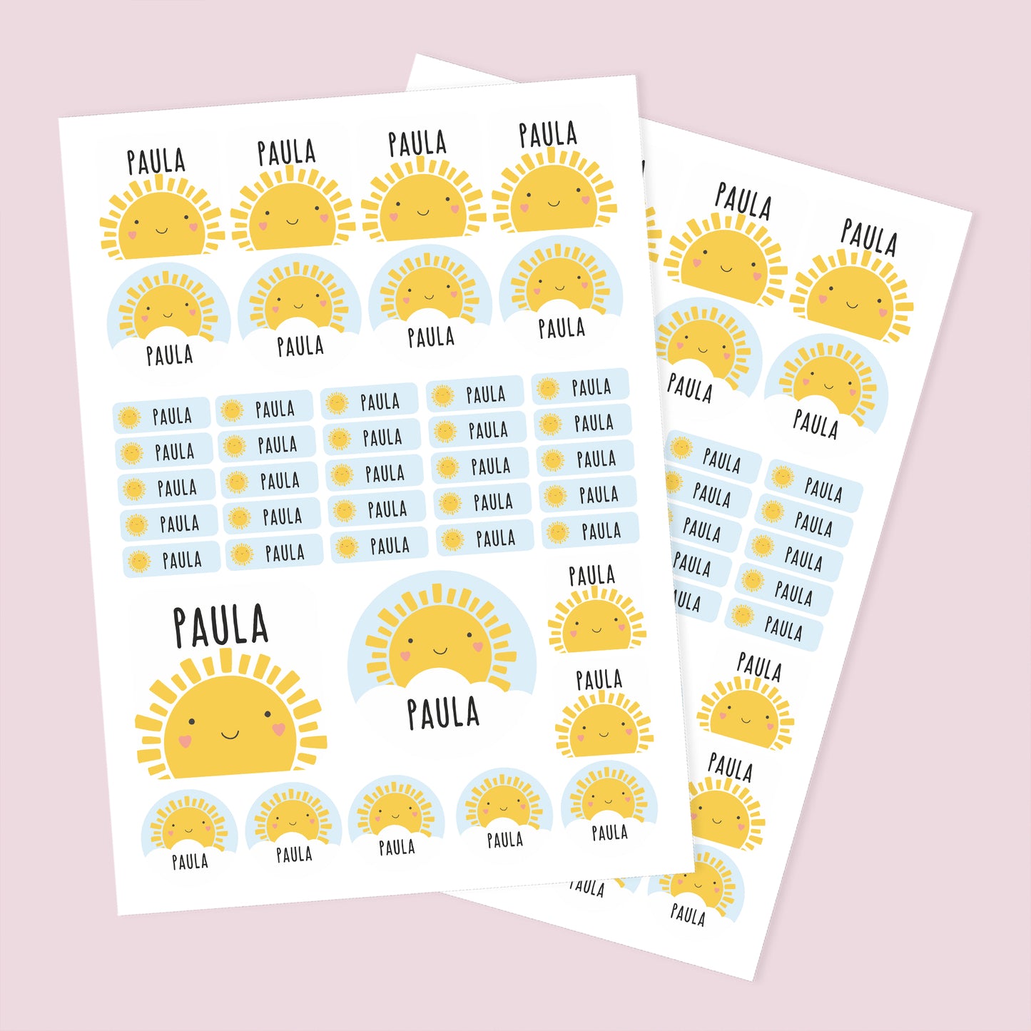 Namensaufkleber mit Sonne Motiv und Name personalisiert | 84 Sticker für Kindergarten, Kita & Schule