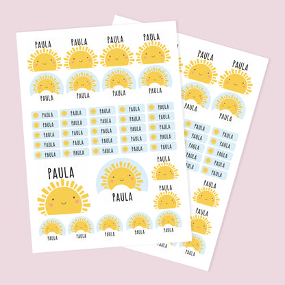 Namensaufkleber mit Sonne Motiv und Name personalisiert | 84 Sticker für Kindergarten, Kita & Schule