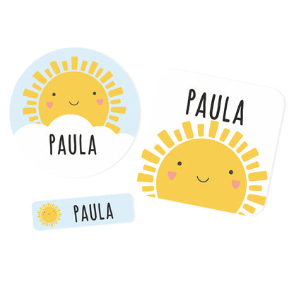 Namensaufkleber mit Sonne Motiv und Name personalisiert | 84 Sticker für Kindergarten, Kita & Schule