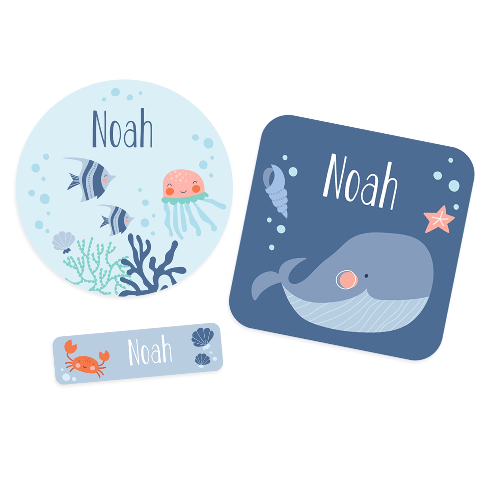 Drei Namensaufkleber Varianten mit Wal, Fischen, Krabbe und Name Noah
